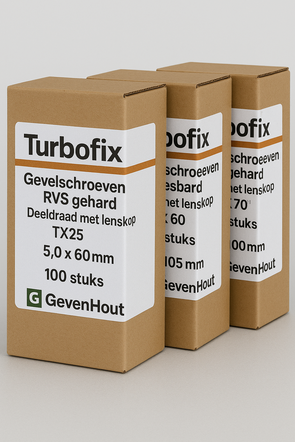 Turbofix Gevelschroeven – gehard RVS, TX25, deeldraad met lenskop